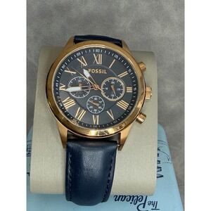 Fossil BQ1735 Grant Chronograph Watch Rose Gold Navy Leather Roman Dial 43mm